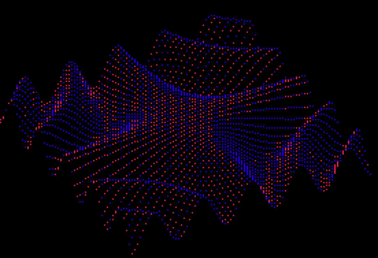 This image achieves a directional lighting effect by controlling when dots are drawn in odd columns (red) and even columns (blue).